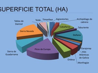 SUPERFICIE TOTAL (HA)
Aigüestortes Archipiélago de
cabrera
Cabañeros Taburiente
Doñana
Garajonay
Islas
Atlánticas
de Galicia
Monfragüe
Ordesa
Picos de Europa
Sierra de
Guadarrama
Sierra Nevada
Tablas de
Daimiel
Teide Timanfaya