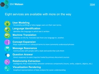 Eight services are available with more on the way 
User Modeling 
Personality profiling to help engage users on their own terms. 
Language Identification 
Identifies the language in which text is written 
Machine Translation 
Globalize on the fly. Translate text from one language to another. 
Concept Expansion 
Maps euphemisms or colloquial terms to more commonly understood phrases 
Message Resonance 
Communicate with people with a style and words that suits them 
Question Answer 
Direct responses to users inquiries fueled by primary document sources 
Relationship Extraction 
Intelligently finds relationships between sentences components (nouns, verbs, subjects, objects, etc.) 
Visualization Rendering 
Graphical representations of data analysis for easier understanding 
 