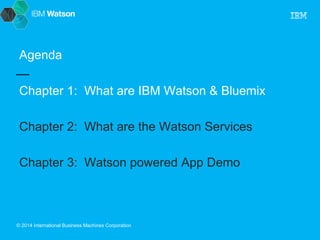 Agenda 
Chapter 1: What are IBM Watson & Bluemix 
Chapter 2: What are the Watson Services 
Chapter 3: Watson powered App Demo 
© 2014 International Business Machines Corporation 
 