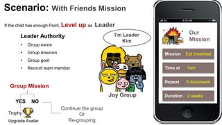 Scenario: With Friends Mission
Mission Eat breakfast
Time at 7am
Repeat 5 days/week
Duration 2 weeks
Our
Mission
If the ch...
