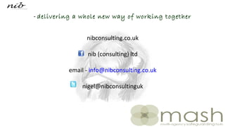 nibconsulting.co.uk
nib (consulting) ltd
email - info@nibconsulting.co.uk
nigel@nibconsultinguk
- delivering a whole new way of working together
 