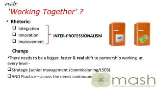‘Working Together’ ?
• Rhetoric:
 Integration
 Innovation
 Improvement
INTER-PROFESSIONALlSM
Change
•There needs to be a bigger, faster & real shift to partnership working at
every level -
Strategic (senior management /commissioning/LSCB)
AND Practice – across the needs continuum
SW
Others
 
