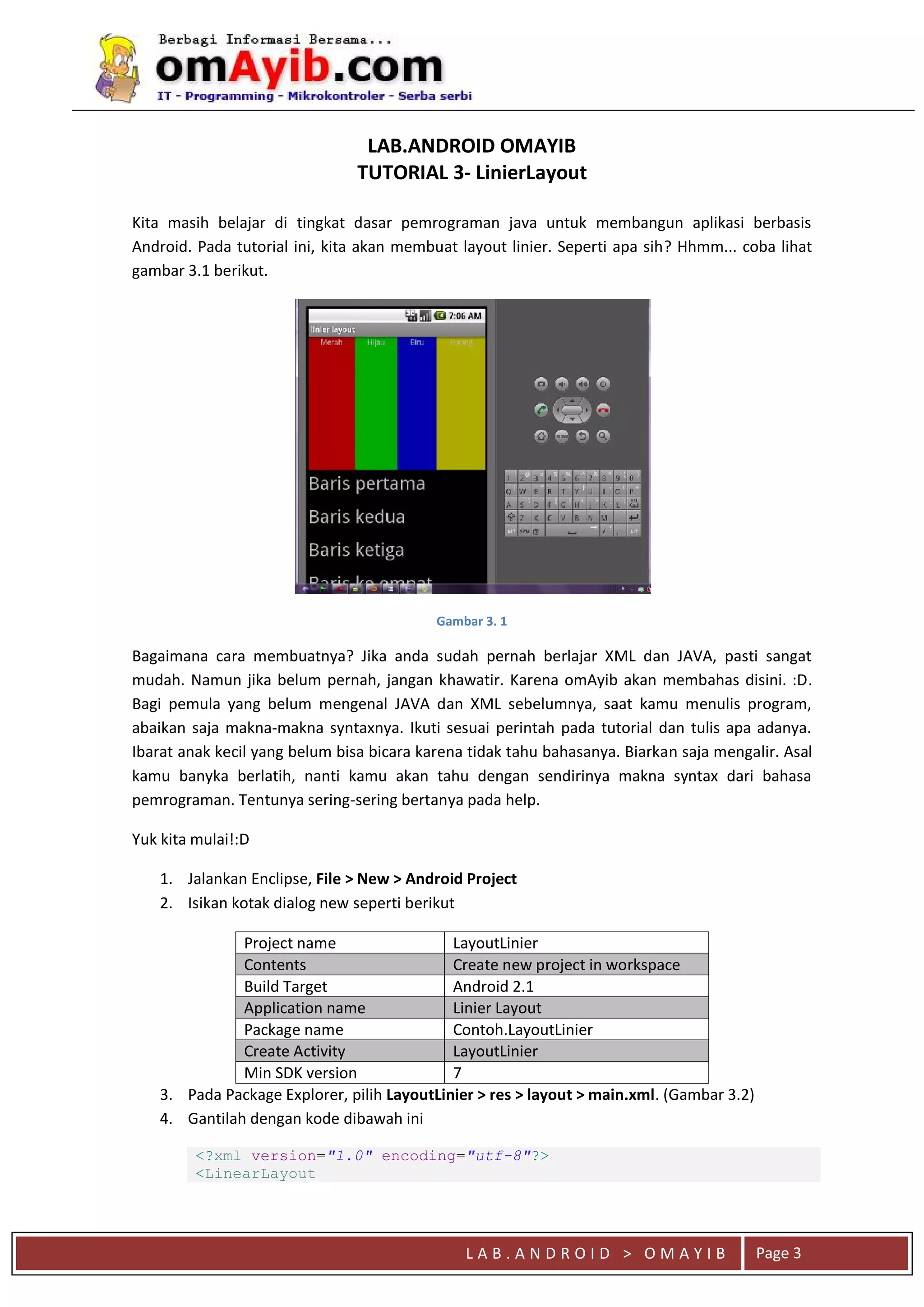 L A B . A N D R O I D > O M A Y I B Page 3
LAB.ANDROID OMAYIB
TUTORIAL 3- LinierLayout
Kita masih belajar di tingkat dasar pemrograman java untuk membangun aplikasi berbasis
Android. Pada tutorial ini, kita akan membuat layout linier. Seperti apa sih? Hhmm... coba lihat
gambar 3.1 berikut.
Gambar 3. 1
Bagaimana cara membuatnya? Jika anda sudah pernah berlajar XML dan JAVA, pasti sangat
mudah. Namun jika belum pernah, jangan khawatir. Karena omAyib akan membahas disini. :D.
Bagi pemula yang belum mengenal JAVA dan XML sebelumnya, saat kamu menulis program,
abaikan saja makna-makna syntaxnya. Ikuti sesuai perintah pada tutorial dan tulis apa adanya.
Ibarat anak kecil yang belum bisa bicara karena tidak tahu bahasanya. Biarkan saja mengalir. Asal
kamu banyka berlatih, nanti kamu akan tahu dengan sendirinya makna syntax dari bahasa
pemrograman. Tentunya sering-sering bertanya pada help.
Yuk kita mulai!:D
1. Jalankan Enclipse, File > New > Android Project
2. Isikan kotak dialog new seperti berikut
Project name LayoutLinier
Contents Create new project in workspace
Build Target Android 2.1
Application name Linier Layout
Package name Contoh.LayoutLinier
Create Activity LayoutLinier
Min SDK version 7
3. Pada Package Explorer, pilih LayoutLinier > res > layout > main.xml. (Gambar 3.2)
4. Gantilah dengan kode dibawah ini
<?xml version="1.0" encoding="utf-8"?>
<LinearLayout
 