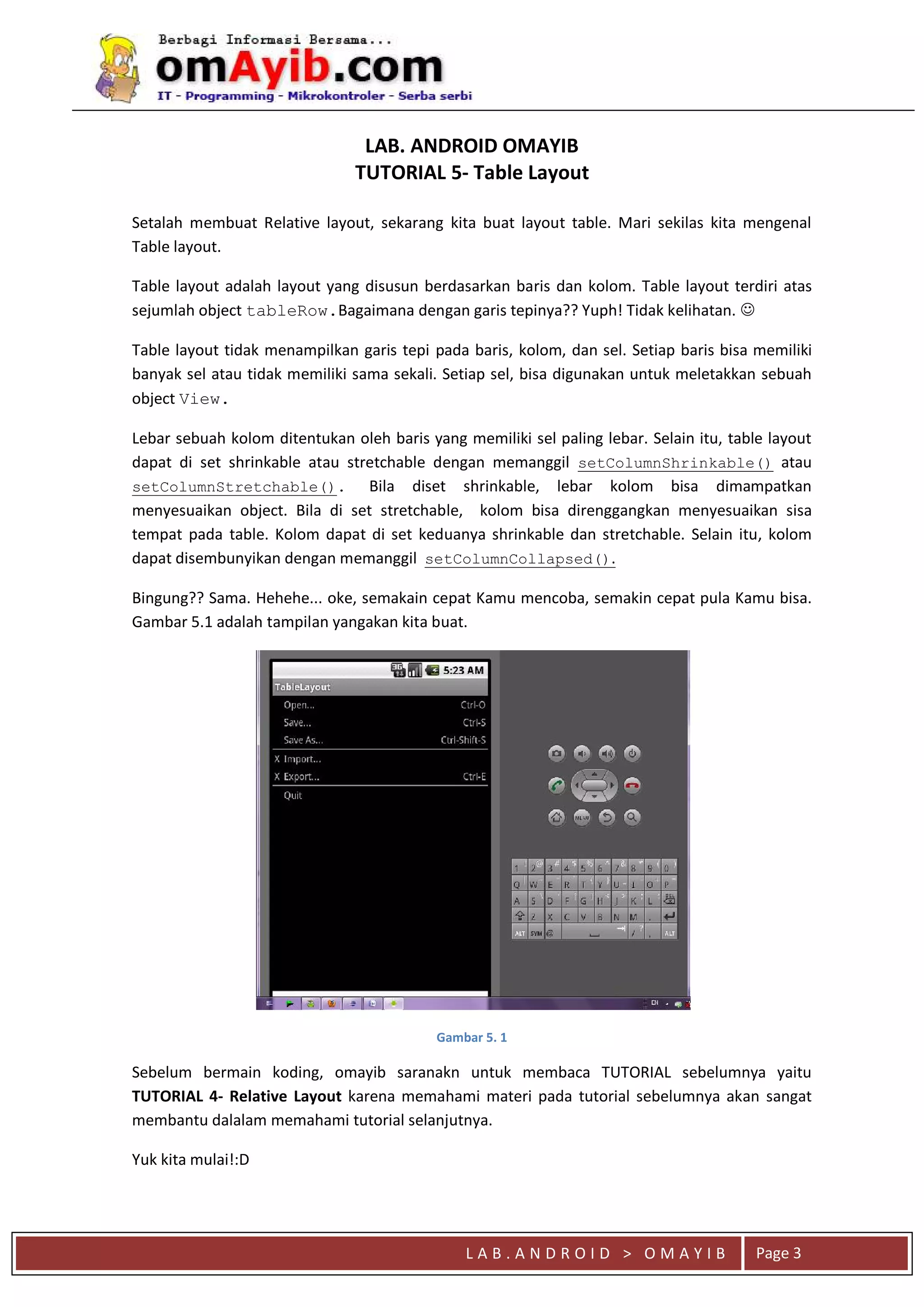 L A B . A N D R O I D > O M A Y I B Page 3
LAB. ANDROID OMAYIB
TUTORIAL 5- Table Layout
Setalah membuat Relative layout, sekarang kita buat layout table. Mari sekilas kita mengenal
Table layout.
Table layout adalah layout yang disusun berdasarkan baris dan kolom. Table layout terdiri atas
sejumlah object tableRow.Bagaimana dengan garis tepinya?? Yuph! Tidak kelihatan. 
Table layout tidak menampilkan garis tepi pada baris, kolom, dan sel. Setiap baris bisa memiliki
banyak sel atau tidak memiliki sama sekali. Setiap sel, bisa digunakan untuk meletakkan sebuah
object View.
Lebar sebuah kolom ditentukan oleh baris yang memiliki sel paling lebar. Selain itu, table layout
dapat di set shrinkable atau stretchable dengan memanggil setColumnShrinkable() atau
setColumnStretchable(). Bila diset shrinkable, lebar kolom bisa dimampatkan
menyesuaikan object. Bila di set stretchable, kolom bisa direnggangkan menyesuaikan sisa
tempat pada table. Kolom dapat di set keduanya shrinkable dan stretchable. Selain itu, kolom
dapat disembunyikan dengan memanggil setColumnCollapsed().
Bingung?? Sama. Hehehe... oke, semakain cepat Kamu mencoba, semakin cepat pula Kamu bisa.
Gambar 5.1 adalah tampilan yangakan kita buat.
Gambar 5. 1
Sebelum bermain koding, omayib saranakn untuk membaca TUTORIAL sebelumnya yaitu
TUTORIAL 4- Relative Layout karena memahami materi pada tutorial sebelumnya akan sangat
membantu dalalam memahami tutorial selanjutnya.
Yuk kita mulai!:D
 