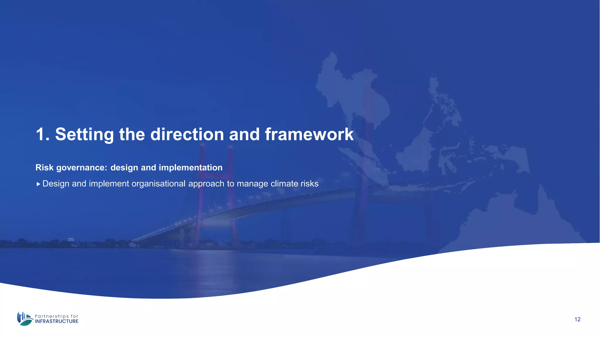 Risk governance: design and implementation
1. Setting the direction and framework
12
 Design and implement organisational approach to manage climate risks
 