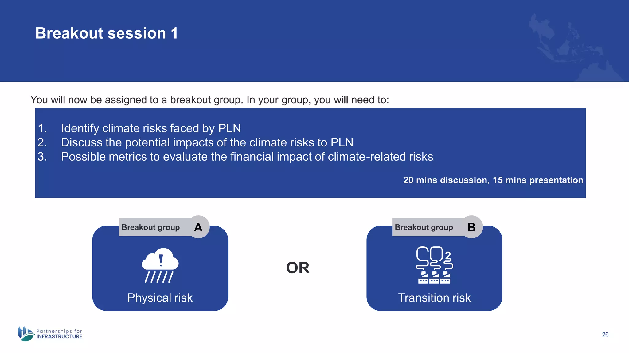 26
Breakout session 1
1. Identify climate risks faced by PLN
2. Discuss the potential impacts of the climate risks to PLN
3. Possible metrics to evaluate the financial impact of climate-related risks
20 mins discussion, 15 mins presentation
You will now be assigned to a breakout group. In your group, you will need to:
Physical risk Transition risk
Breakout group A Breakout group B
OR
 