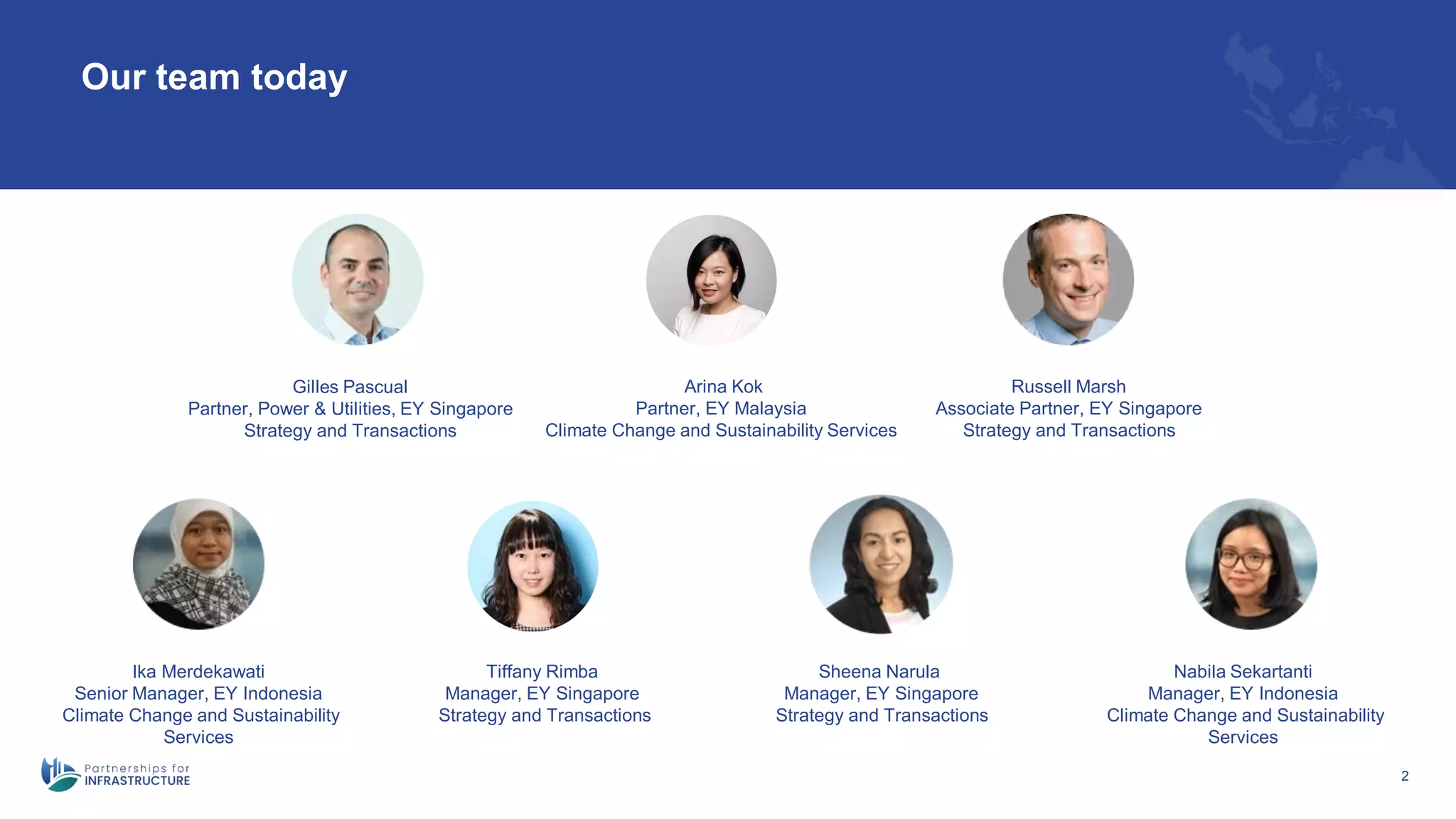 Our team today
2
Gilles Pascual
Partner, Power & Utilities, EY Singapore
Strategy and Transactions
Tiffany Rimba
Manager, EY Singapore
Strategy and Transactions
Sheena Narula
Manager, EY Singapore
Strategy and Transactions
Russell Marsh
Associate Partner, EY Singapore
Strategy and Transactions
Nabila Sekartanti
Manager, EY Indonesia
Climate Change and Sustainability
Services
Ika Merdekawati
Senior Manager, EY Indonesia
Climate Change and Sustainability
Services
Arina Kok
Partner, EY Malaysia
Climate Change and Sustainability Services
 