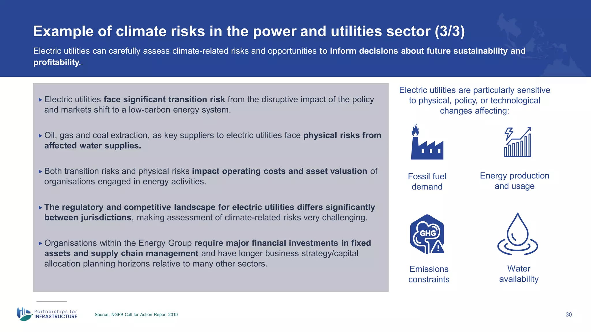 Example of climate risks in the power and utilities sector (3/3)
Source: NGFS Call for Action Report 2019 30
Electric utilities can carefully assess climate-related risks and opportunities to inform decisions about future sustainability and
profitability..
 Electric utilities face significant transition risk from the disruptive impact of the policy
and markets shift to a low-carbon energy system.
 Oil, gas and coal extraction, as key suppliers to electric utilities face physical risks from
affected water supplies.
 Both transition risks and physical risks impact operating costs and asset valuation of
organisations engaged in energy activities.
 The regulatory and competitive landscape for electric utilities differs significantly
between jurisdictions, making assessment of climate-related risks very challenging.
 Organisations within the Energy Group require major financial investments in fixed
assets and supply chain management and have longer business strategy/capital
allocation planning horizons relative to many other sectors.
Electric utilities are particularly sensitive
to physical, policy, or technological
changes affecting:
Water
availability
Emissions
constraints
Fossil fuel
demand
Energy production
and usage
 