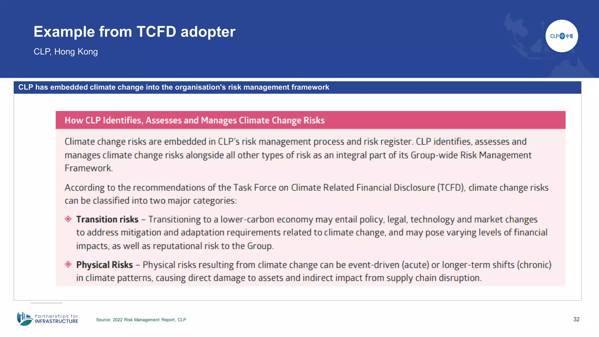 32
Example from TCFD adopter
CLP, Hong Kong
Source: 2022 Risk Management Report, CLP
CLP has embedded climate change into the organisation's risk management framework
 