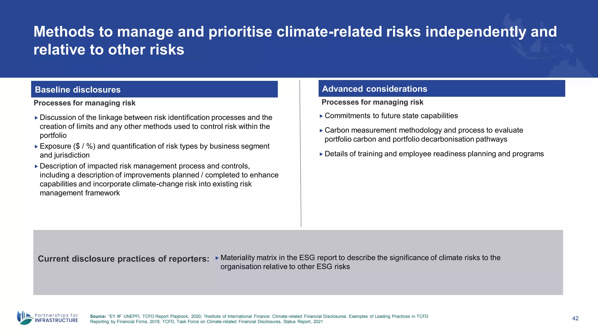 Methods to manage and prioritise climate-related risks independently and
relative to other risks
42
Baseline disclosures Advanced considerations
Processes for managing risk Processes for managing risk
 Commitments to future state capabilities
 Carbon measurement methodology and process to evaluate
portfolio carbon and portfolio decarbonisation pathways
 Details of training and employee readiness planning and programs
 Discussion of the linkage between risk identification processes and the
creation of limits and any other methods used to control risk within the
portfolio
 Exposure ($ / %) and quantification of risk types by business segment
and jurisdiction
 Description of impacted risk management process and controls,
including a description of improvements planned / completed to enhance
capabilities and incorporate climate-change risk into existing risk
management framework
 Materiality matrix in the ESG report to describe the significance of climate risks to the
organisation relative to other ESG risks
Current disclosure practices of reporters:
Source: 1EY IIF UNEPFI, TCFD Report Playbook, 2020; 2Institute of International Finance: Climate-related Financial Disclosures: Examples of Leading Practices in TCFD
Reporting by Financial Firms, 2019; TCFD, Task Force on Climate-related Financial Disclosures, Status Report, 2021
 