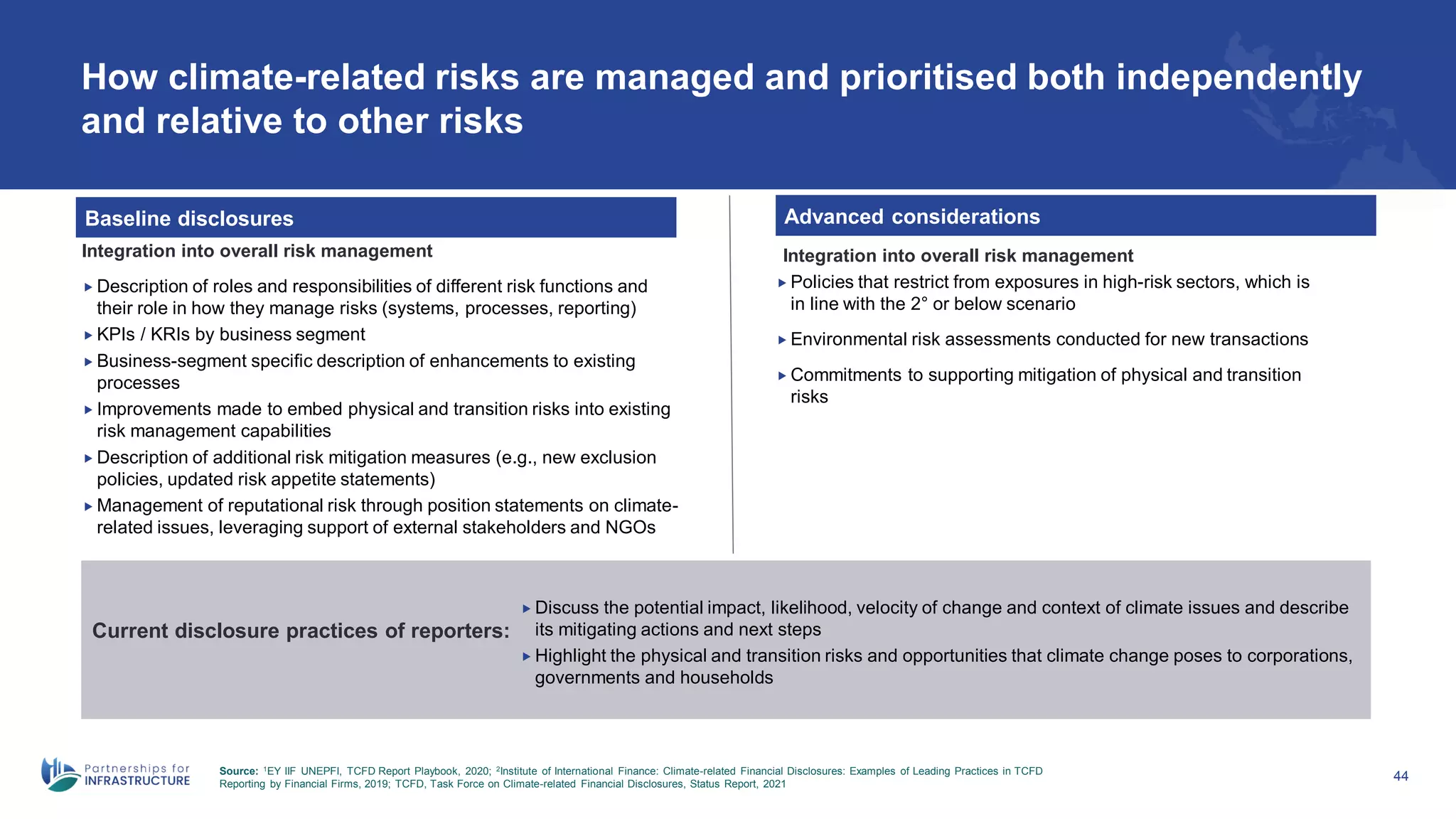 How climate-related risks are managed and prioritised both independently
and relative to other risks
44
Baseline disclosures Advanced considerations
Integration into overall risk management Integration into overall risk management
 Policies that restrict from exposures in high-risk sectors, which is
in line with the 2° or below scenario
 Environmental risk assessments conducted for new transactions
 Commitments to supporting mitigation of physical and transition
risks
 Description of roles and responsibilities of different risk functions and
their role in how they manage risks (systems, processes, reporting)
 KPIs / KRIs by business segment
 Business-segment specific description of enhancements to existing
processes
 Improvements made to embed physical and transition risks into existing
risk management capabilities
 Description of additional risk mitigation measures (e.g., new exclusion
policies, updated risk appetite statements)
 Management of reputational risk through position statements on climate-
related issues, leveraging support of external stakeholders and NGOs
 Discuss the potential impact, likelihood, velocity of change and context of climate issues and describe
its mitigating actions and next steps
 Highlight the physical and transition risks and opportunities that climate change poses to corporations,
governments and households
Current disclosure practices of reporters:
Source: 1EY IIF UNEPFI, TCFD Report Playbook, 2020; 2Institute of International Finance: Climate-related Financial Disclosures: Examples of Leading Practices in TCFD
Reporting by Financial Firms, 2019; TCFD, Task Force on Climate-related Financial Disclosures, Status Report, 2021
 