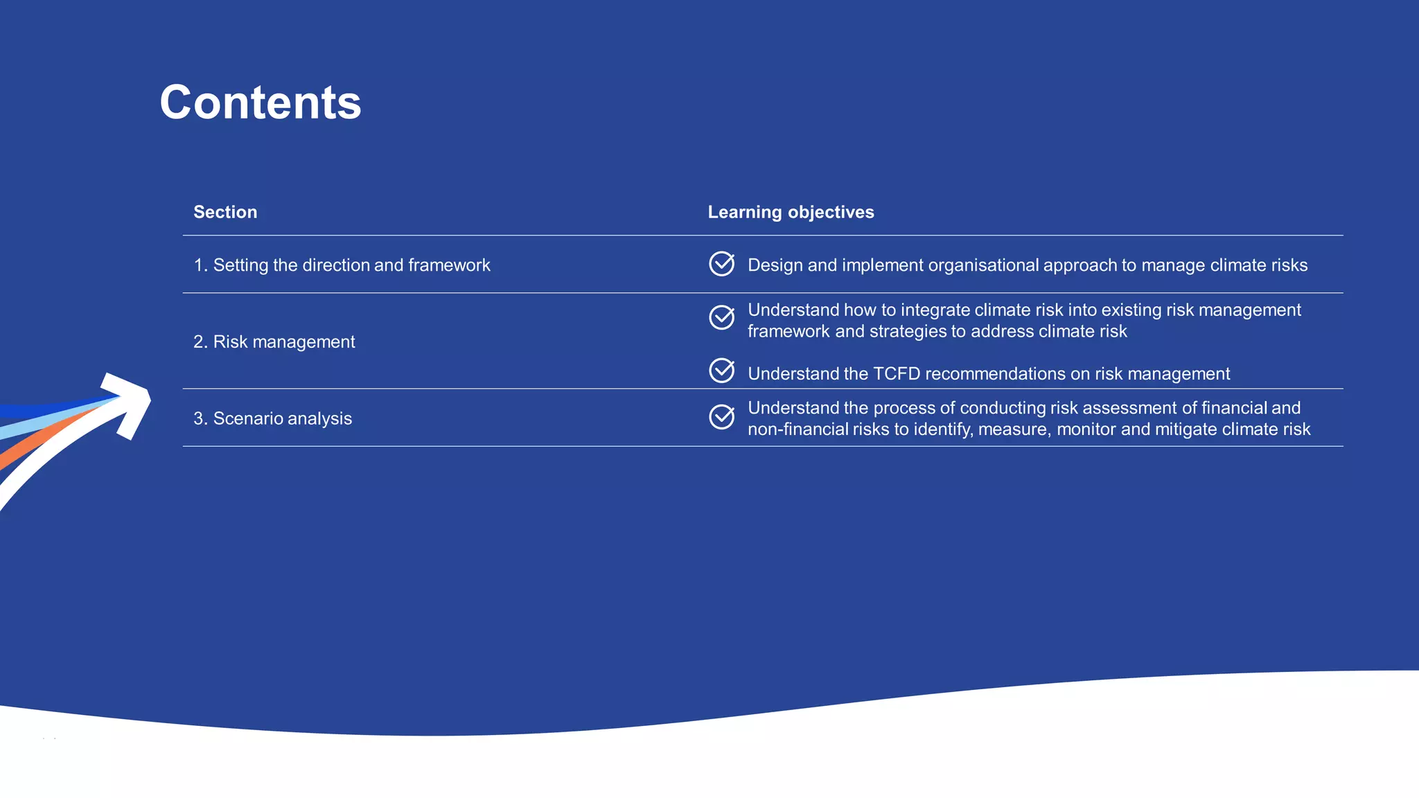 Contents
Section Learning objectives
1. Setting the direction and framework Design and implement organisational approach to manage climate risks
2. Risk management
Understand how to integrate climate risk into existing risk management
framework and strategies to address climate risk
Understand the TCFD recommendations on risk management
3. Scenario analysis
Understand the process of conducting risk assessment of financial and
non-financial risks to identify, measure, monitor and mitigate climate risk
 