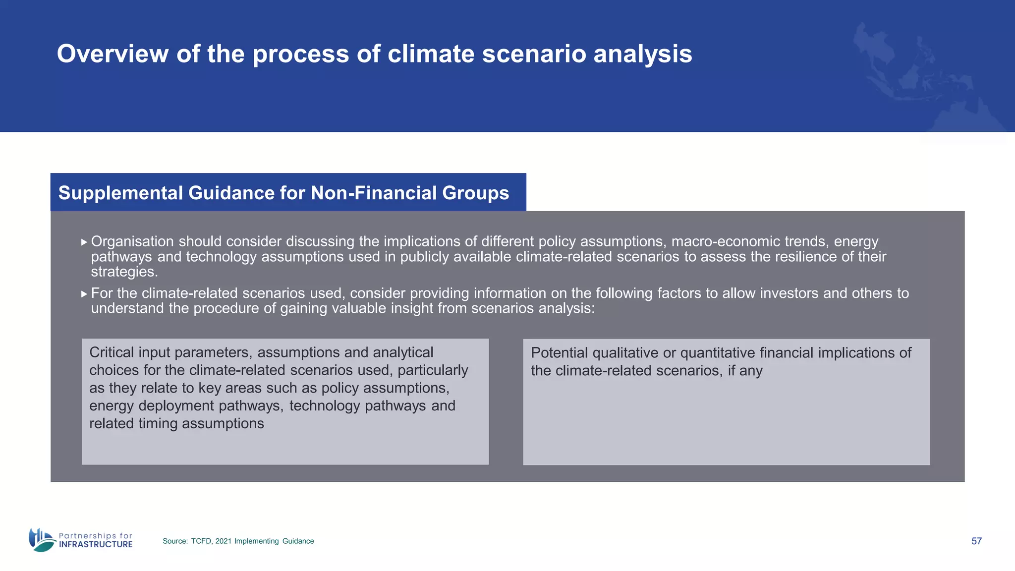 Overview of the process of climate scenario analysis
Source: TCFD, 2021 Implementing Guidance 57
 Organisation should consider discussing the implications of different policy assumptions, macro-economic trends, energy
pathways and technology assumptions used in publicly available climate-related scenarios to assess the resilience of their
strategies.
 For the climate-related scenarios used, consider providing information on the following factors to allow investors and others to
understand the procedure of gaining valuable insight from scenarios analysis:
Critical input parameters, assumptions and analytical
choices for the climate-related scenarios used, particularly
as they relate to key areas such as policy assumptions,
energy deployment pathways, technology pathways and
related timing assumptions
Potential qualitative or quantitative financial implications of
the climate-related scenarios, if any
Supplemental Guidance for Non-Financial Groups
 
