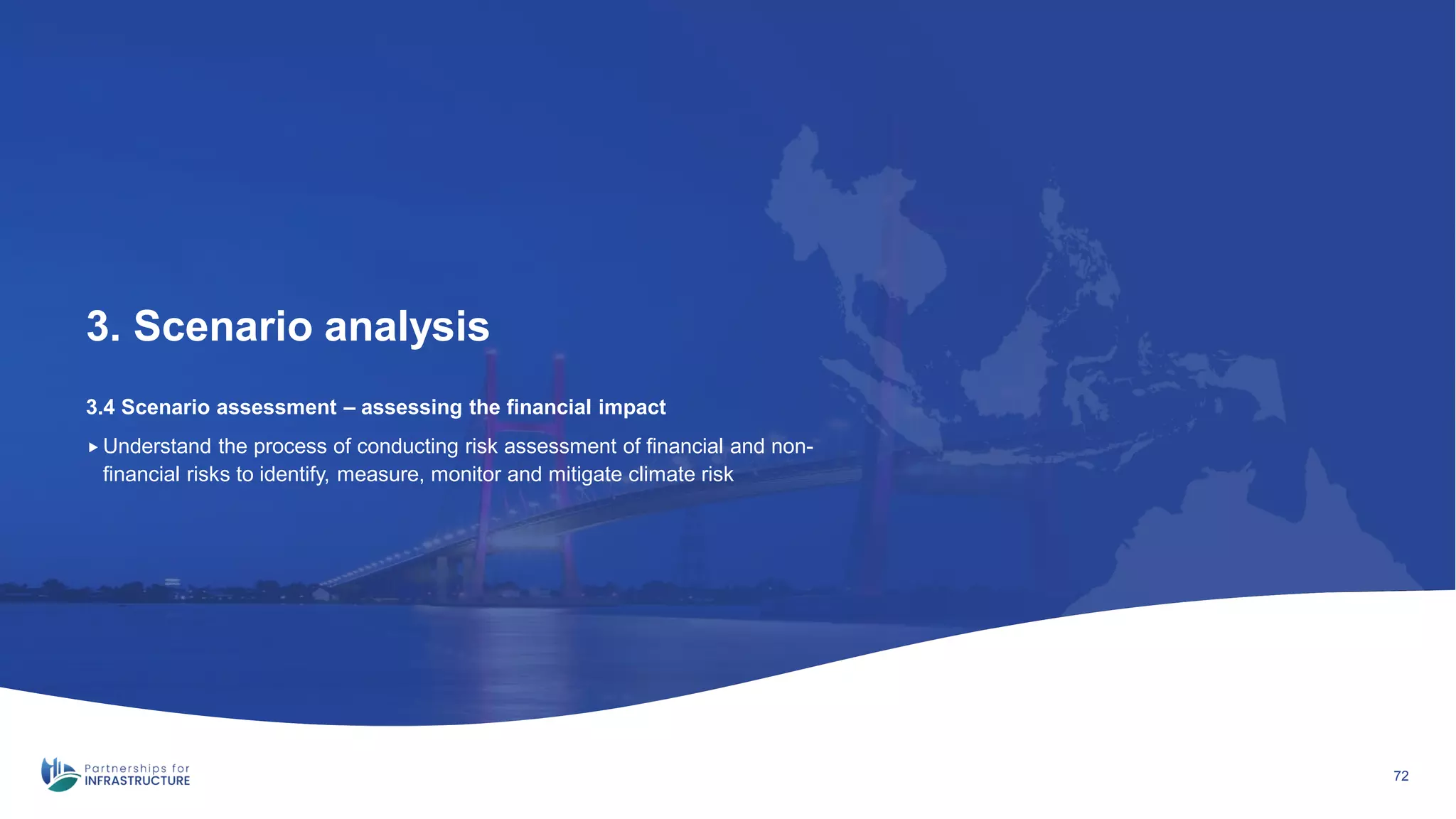 3.4 Scenario assessment – assessing the financial impact
3. Scenario analysis
72
 Understand the process of conducting risk assessment of financial and non-
financial risks to identify, measure, monitor and mitigate climate risk
 