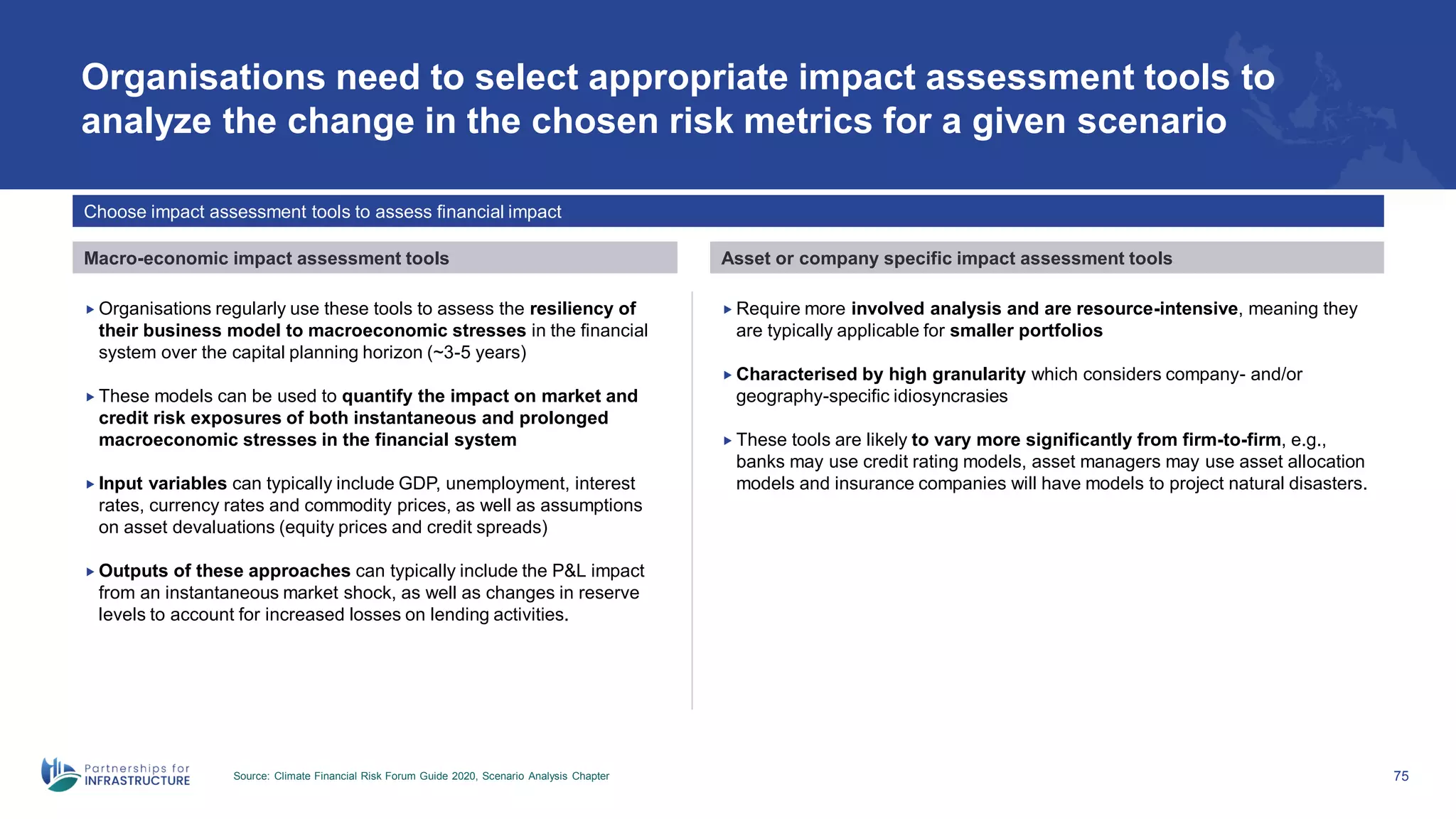 Organisations need to select appropriate impact assessment tools to
analyze the change in the chosen risk metrics for a given scenario
Source: Climate Financial Risk Forum Guide 2020, Scenario Analysis Chapter 75
Choose impact assessment tools to assess financial impact
Macro-economic impact assessment tools Asset or company specific impact assessment tools
 Organisations regularly use these tools to assess the resiliency of
their business model to macroeconomic stresses in the financial
system over the capital planning horizon (~3-5 years)
 These models can be used to quantify the impact on market and
credit risk exposures of both instantaneous and prolonged
macroeconomic stresses in the financial system
 Input variables can typically include GDP, unemployment, interest
rates, currency rates and commodity prices, as well as assumptions
on asset devaluations (equity prices and credit spreads)
 Outputs of these approaches can typically include the P&L impact
from an instantaneous market shock, as well as changes in reserve
levels to account for increased losses on lending activities.
 Require more involved analysis and are resource-intensive, meaning they
are typically applicable for smaller portfolios
 Characterised by high granularity which considers company- and/or
geography-specific idiosyncrasies
 These tools are likely to vary more significantly from firm-to-firm, e.g.,
banks may use credit rating models, asset managers may use asset allocation
models and insurance companies will have models to project natural disasters.
 