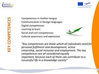 KEY COMPETENCES

                  Competences in mother tongue
                  Communication in foreign languages
                  Digital competences
                  Learning to learn
                  Social and civil competences
                  Cultural awareness and expression

                  “Key competences are those which all individuals need for
                  personal fulfilment and development, active
                  citizenship, social inclusion and employment. The key
                  competences are all considered equally
                  important, because each of them can contribute to a
                  successful life in a knowledge society”
 