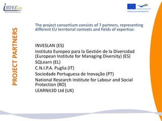 The project consortium consists of 7 partners, representing
                   different EU territorial contexts and fields of expertise:
PROJECT PARTNERS



                   INVESLAN (ES)
                   Instituto Europeo para la Gestión de la Diversidad
                   (European Institute for Managing Diversity) (ES)
                   SQLearn (EL)
                   C.N.I.P.A. Puglia (IT)
                   Sociedade Portuguesa de Inovação (PT)
                   National Research Institute for Labour and Social
                   Protection (RO)
                   LEARNit3D Ltd (UK)
 