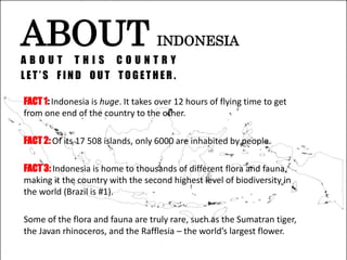 A B O U T T H I S C O U N T R Y
L ET ’ S F I N D O U T T O G ET H E R .
ABOUT INDONESIA
FACT 1: Indonesia is huge. It takes over 12 hours of flying time to get
from one end of the country to the other.
FACT 2: Of its 17 508 islands, only 6000 are inhabited by people.
FACT 3: Indonesia is home to thousands of different flora and fauna,
making it the country with the second highest level of biodiversity in
the world (Brazil is #1).
Some of the flora and fauna are truly rare, such as the Sumatran tiger,
the Javan rhinoceros, and the Rafflesia – the world’s largest flower.
 