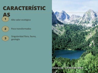 CARACTERÍSTIC
AS
1
2
3
Alto valor ecológico
Poco transformados
Singularidad flora, fauna,
geología
 