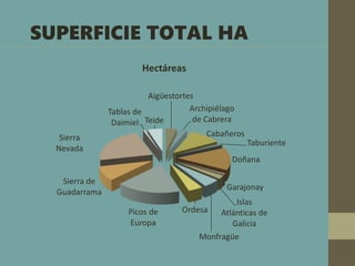 SUPERFICIE TOTAL HA
Aigüestortes
Archipiélago
de Cabrera
Cabañeros
Taburiente
Doñana
Garajonay
Islas
Atlánticas de
Galicia
Monfragüe
Ordesa
Picos de
Europa
Sierra de
Guadarrama
Sierra
Nevada
Tablas de
Daimiel Teide
Hectáreas
 