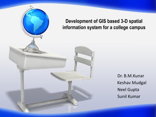 Development of GIS based 3-D spatial
information system for a college campus
Dr. B.M.Kunar
Keshav Mudgal
Neel Gupta
Sunil Kumar
 