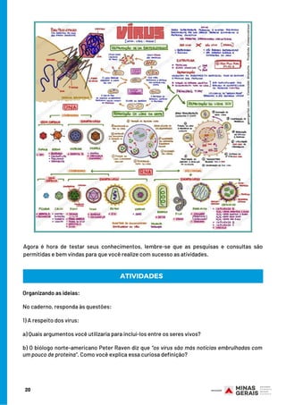 20
Agora é hora de testar seus conhecimentos, lembre-se que as pesquisas e consultas são
permitidas e bem vindas para que você realize com sucesso as atividades.
Organizando as ideias:
 
No caderno, responda às questões:
 
1) A respeito dos vírus:
 
a) Quais argumentos você utilizaria para incluí-los entre os seres vivos?
b) O biólogo norte-americano Peter Raven diz que “os vírus são más notícias embrulhadas com
um pouco de proteína”. Como você explica essa curiosa definição?
ATIVIDADES
 