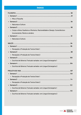 Semana 1: .........................................................................................................................81
Mito e Filosofia
Semana 2: ...................................................................................................................... 84
Natureza e Cultura
Semana 3: ...................................................................................................................... 88
Corpo e Alma; Dualismo e Monismo; Racionalidade e Desejo; Consciência e
Inconsciente; Mente e cérebro
Semana 4: ...................................................................................................................... 91 
Natureza e Cultura
Semana 1: ...................................................................................................................... 95
Recepção e Produção de Textos Orais 1
Semana 2: ...................................................................................................................... 98
Recepção e Produção de Textos Orais 2
Semana 3: ..................................................................................................................... 100
Escritos de Gêneros Textuais variados  em Língua Estrangeira 1
Semana 4: ..................................................................................................................... 104
Escritos de Gêneros Textuais variados  em Língua Estrangeira 2
Semana 1: ...................................................................................................................... 108
Recepção e Produção de Textos Orais 1
Semana 2: ..................................................................................................................... 114
Recepção e Produção de Textos Orais 2
Semana 3: ..................................................................................................................... 122
Escritos de Gêneros Textuais variados  em Língua Estrangeira 1
Semana 4: ..................................................................................................................... 130
Escritos de Gêneros Textuais variados  em Língua Estrangeira 2
FILOSOFIA ........................................................................................................................... 80
INGLÊS ................................................................................................................................ 94
PROJETO DE VIDA ...............................................................................................................107
ÍNDICE
 