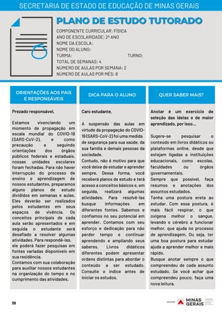 Prezado responsável,
Estamos vivenciando um
momento de propagação em
escala mundial do COVID-19
(SARS-CoV-2), e como
precaução e seguindo
orientações dos órgãos
públicos federais e estaduais,
nossas unidades escolares
foram fechadas. Para não haver
interrupção do processo de
ensino e aprendizagem de
nossos estudantes, preparamos
alguns planos de estudo
divididos em semanas e aulas.
Eles deverão ser realizados
pelos estudantes em seus
espaços de vivência. Os
conceitos principais de cada
aula serão apresentados e em
seguida o estudante será
desafiado a resolver algumas
atividades. Para respondê-las,
ele poderá fazer pesquisas em
fontes variadas disponíveis em
sua residência.
Contamos com sua colaboração
para auxiliar nossos estudantes
na organização do tempo e no
cumprimento das atividades.
Caro estudante,
A suspensão das aulas em
virtude da propagação do COVID-
19 (SARS-CoV-2) foi uma medida
de segurança para sua saúde, da
sua família e demais pessoas da
sociedade.
Contudo, não é motivo para que
você deixe de estudar e aprender
sempre. Dessa forma, você
receberá planos de estudo e terá
acesso a conceitos básicos e, em
seguida, realizará algumas
atividades. Para resolvê-las
busque informações em
diferentes fontes. Sabemos e
confiamos no seu potencial em
aprender. Contamos com seu
esforço e dedicação para não
perder tempo e continuar
aprendendo e ampliando seus
saberes. Livros didáticos
diferentes podem apresentar
ordens distintas para abordar o
conteúdo a ser estudado.
Consulte o índice antes de
iniciar os estudos.
Anotar é um exercício de
seleção das ideias e de maior
aprendizado, por isso...
Sugere-se pesquisar o
conteúdo em livros didáticos ou
plataformas online, desde que
estejam ligadas a instituições
educacionais, como escolas,
faculdades ou órgãos
governamentais.
Sempre que possível, faça
resumos e anotações dos
assuntos estudados.
Tenha uma postura ereta ao
estudar. Com essa postura, é
mais fácil respirar, o que
oxigena melhor o sangue,
levando o cérebro a funcionar
melhor, que ajuda no processo
de aprendizagem. Ou seja, ter
uma boa postura para estudar
ajuda a aprender melhor e mais
rápido.
Busque anotar sempre o que
compreendeu de cada assunto
estudado. Se você achar que
compreendeu pouco, faça uma
nova leitura.
ORIENTAÇÕES AOS PAIS
E RESPONSÁVEIS
DICA PARA O ALUNO QUER SABER MAIS?
39
COMPONENTE CURRICULAR: FÍSICA
ANO DE ESCOLARIDADE: 2º ANO
NOME DA ESCOLA:
NOME DO ALUNO:
TURMA: TURNO:
TOTAL DE SEMANAS: 4
NÚMERO DE AULAS POR SEMANA: 2
NÚMERO DE AULAS POR MÊS: 8
PLANO DE ESTUDO TUTORADOPLANO DE ESTUDO TUTORADO
SECRETARIA DE ESTADO DE EDUCAÇÃO DE MINAS GERAIS
 