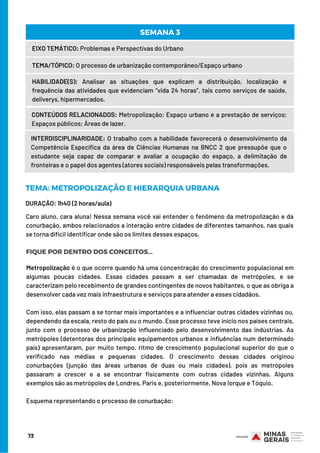 73
EIXO TEMÁTICO: Problemas e Perspectivas do Urbano
TEMA/TÓPICO: O processo de urbanização contemporâneo/Espaço urbano
HABILIDADE(S): Analisar as situações que explicam a distribuição, localização e
frequência das atividades que evidenciam “vida 24 horas”, tais como serviços de saúde,
deliverys, hipermercados.
CONTEÚDOS RELACIONADOS: Metropolização; Espaço urbano e a prestação de serviços;
Espaços públicos; Áreas de lazer.
SEMANA 3
INTERDISCIPLINARIDADE: O trabalho com a habilidade favorecerá o desenvolvimento da
Competência Específica da área de Ciências Humanas na BNCC 2 que pressupõe que o
estudante seja capaz de comparar e avaliar a ocupação do espaço, a delimitação de
fronteiras e o papel dos agentes (atores sociais) responsáveis pelas transformações.
DURAÇÃO: 1h40 (2 horas/aula)
TEMA: METROPOLIZAÇÃO E HIERARQUIA URBANA
FIQUE POR DENTRO DOS CONCEITOS...
Caro aluno, cara aluna! Nessa semana você vai entender o fenômeno da metropolização e da
conurbação, ambos relacionados a interação entre cidades de diferentes tamanhos, nas quais
se torna difícil identificar onde são os limites desses espaços.
Metropolização é o que ocorre quando há uma concentração do crescimento populacional em
algumas poucas cidades. Essas cidades passam a ser chamadas de metrópoles, e se
caracterizam pelo recebimento de grandes contingentes de novos habitantes, o que as obriga a
desenvolver cada vez mais infraestrutura e serviços para atender a esses cidadãos.
 
Com isso, elas passam a se tornar mais importantes e a influenciar outras cidades vizinhas ou,
dependendo da escala, resto do país ou o mundo. Esse processo teve início nos países centrais,
junto com o processo de urbanização influenciado pelo desenvolvimento das indústrias. As
metrópoles (detentoras dos principais equipamentos urbanos e influências num determinado
país) apresentaram, por muito tempo, ritmo de crescimento populacional superior do que o
verificado nas médias e pequenas cidades. O crescimento dessas cidades originou
conurbações (junção das áreas urbanas de duas ou mais cidades), pois as metrópoles
passaram a crescer e a se encontrar fisicamente com outras cidades vizinhas. Alguns
exemplos são as metrópoles de Londres, Paris e, posteriormente, Nova Iorque e Tóquio.
Esquema representando o processo de conurbação:
 