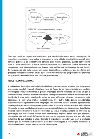 74
Com isso, surgiram regiões metropolitanas, que são definidas como sendo um conjunto de
municípios contíguos, conurbados e integrados a uma cidade principal (metrópole), com
serviços públicos e de infraestrutura comuns. Esse mesmo processo, quando ocorre entre
duas ou mais metrópoles, provoca a formação de uma outra estrutura urbana, chamada de
megalópole – que são conurbações de duas ou mais regiões metropolitanas ou de metrópoles.
As megalópoles são mais comuns em países desenvolvidos, justamente por eles terem um
processo de urbanização mais antigo e por terem mais metrópoles geograficamente próximas
– o que facilita a ocorrência de uma conurbação entre elas.
REDE E HIERARQUIA URBANA
 
A rede urbana é o conjunto articulado de cidades e grandes centros urbanos, que se integram
em escalas mundial, regional e local por meio de fluxos de serviços, mercadorias, capitais,
informações e recursos humanos. O grau de integração de uma dada rede urbana de um país é
um indicativo de seu nível de desenvolvimento. Em regiões economicamente mais dinâmicas, a
tendência é uma maior interligação entre as suas diferentes cidades, geralmente mais
adensadas e com uma melhor infraestrutura. Por outro lado, países considerados
subdesenvolvidos apresentam uma integração limitada entre as suas cidades, apresentando
uma organização territorial dispersa e pouco coesa. Essa rede estrutura-se por meio de uma
hierarquia, em que as cidades menores costumam ser relativamente dependentes das cidades
maiores e economicamente mais desenvolvidas. Ou seja, a hierarquia urbana é a influência ou
polarização que cada cidade exerce num determinado espaço, sendo que, por exemplo,
metrópoles são muito mais influentes do que centros regionais, que por sua vez, são mais
influentes do que cidades e vilas. Contudo é importante entender que, com a evolução
tecnológica e a melhora nos transportes e nas telecomunicações, a rede urbana melhorou e a
hierarquia entre as cidades se tornou muito menos rígida.
 