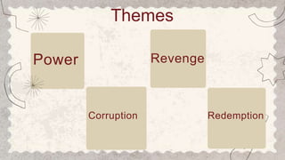 Themes
Power
Corruption
Revenge
Redemption
