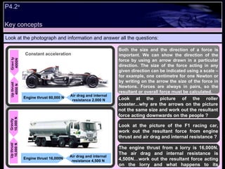 P4.2 a Look at the photograph and information and answer all the questions: Both the size and the direction of a force is important. We can show the direction of the force by using an arrow drawn in a particular direction. The size of the force acting in any given direction can be indicated using a scale – for example, one centimetre for one Newton or by writing on the arrow the size of the force in Newtons. Forces are always in pairs, so the resultant or overall force must be calculated.  The engine thrust from a lorry is 16,000N. The air drag and internal resistance is 4,500N…work out the resultant force acting on the lorry and what happens to its speed ? Up thrust 4000 N Gravi ty  4000N Air drag and internal resistance 2,000 N Engine thrust 60,000 N Constant acceleration Look at the picture of the roller coaster...why are the arrows on the picture not the same size and work out the resultant force acting downwards on the people ? Look at the picture of the F1 racing car, work out the resultant force from engine thrust and air drag and internal resistance ? Up thrust 10,000 N Gravity  10,000 N Air drag and internal resistance 4,500 N Engine thrust 16,000N Key concepts 