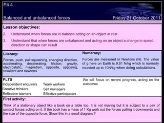 P4.4  Balanced and unbalanced forces Decide whether the following statements are true or false: Lesson objectives: Understand when forces are in balance acting on an object at rest Understand that when forces are unbalanced and acting on an object a change in speed, direction or shape can result Friday 21 October 2011 First activity: Think of a stationary object like a book on a table top. It is not moving but it is subject to a pair of contact forces acting on it. If the book has a mass of 1 Kg work out the forces pulling it downwards and the size of the opposite force. Show this in a small diagram ? PLTS Independent enquirers Creative thinkers Reflective learners Team workers Effective participators Self managers Literacy: Forces, push, pull squashing, changing direction, accelerating, decelerating, friction, gravity, electrostatic, magnetism, opposite, opposing, resultant and newtons  Numeracy: Forces are measured in Newtons (N). The value of g here on Earth is 9.81 N/kg which is normally rounded up to 10N/kg  when doing calculations. We will focus on review progress, acting on the outcomes. 