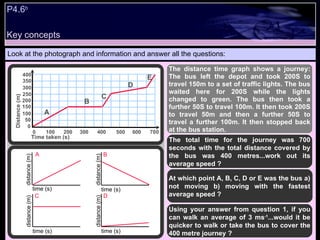 P4.6 b   Look at the photograph and information and answer all the questions: The distance time graph shows a journey: The bus left the depot and took 200S to travel 150m to a set of traffic lights. The bus waited here for 200S while the lights changed to green. The bus then took a further 50S to travel 100m. It then took 200S to travel 50m and then a further 50S to travel a further 100m. It then stopped back at the bus station.  At which point A, B, C, D or E was the bus a) not moving b) moving with the fastest average speed ? Using your answer from question 1, if you can walk an average of 3 ms -1 ...would it be quicker to walk or take the bus to cover the 400 metre journey ? The total time for the journey was 700 seconds with the total distance covered by the bus was 400 metres...work out its average speed ?  Key concepts time (s) time (s) distance (m) distance (m) time (s) distance (m) time (s) distance (m) A B C D 