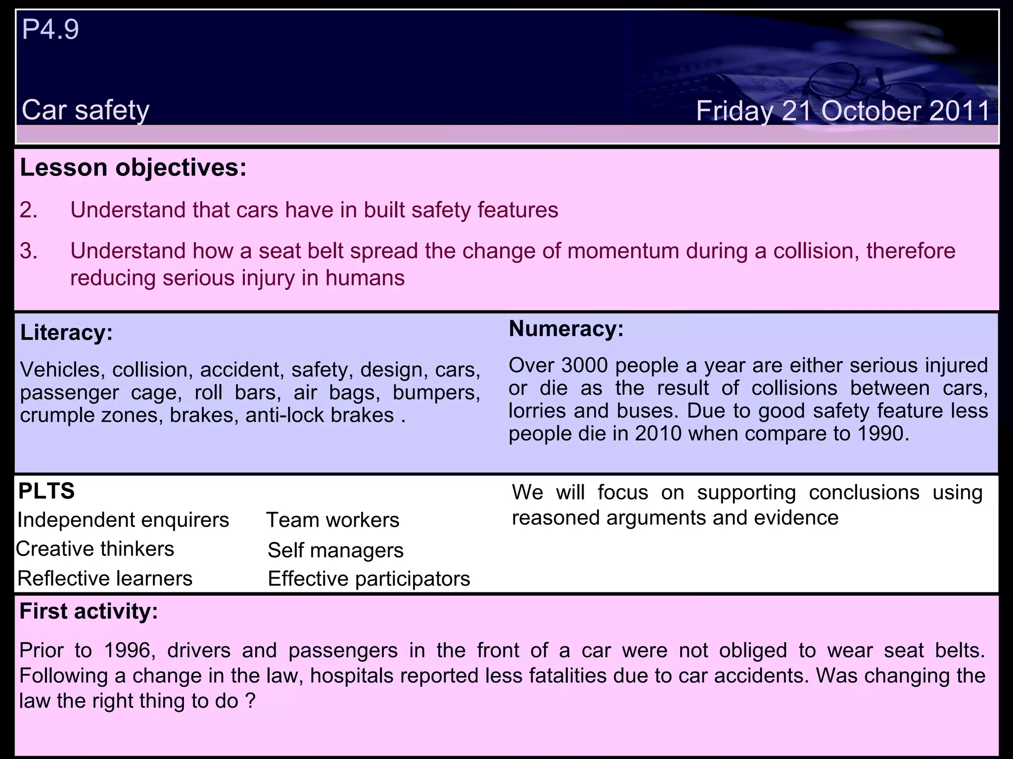 P4.9  Car safety Decide whether the following statements are true or false: Lesson objectives: Understand that cars have in built safety features Understand how a seat belt spread the change of momentum during a collision, therefore reducing serious injury in humans We will focus on. Friday 21 October 2011 First activity: Prior to 1996, drivers and passengers in the front of a car were not obliged to wear seat belts. Following a change in the law, hospitals reported less fatalities due to car accidents. Was changing the law the right thing to do ? Literacy: Vehicles, collision, accident, safety, design, cars, passenger cage, roll bars, air bags, bumpers, crumple zones, brakes, anti-lock brakes . Numeracy: Over 3000 people a year are either serious injured or die as the result of collisions between cars, lorries and buses. Due to good safety feature less people die in 2010 when compare to 1990. PLTS Independent enquirers Creative thinkers Reflective learners Team workers Effective participators Self managers We will focus on supporting conclusions using reasoned arguments and evidence 