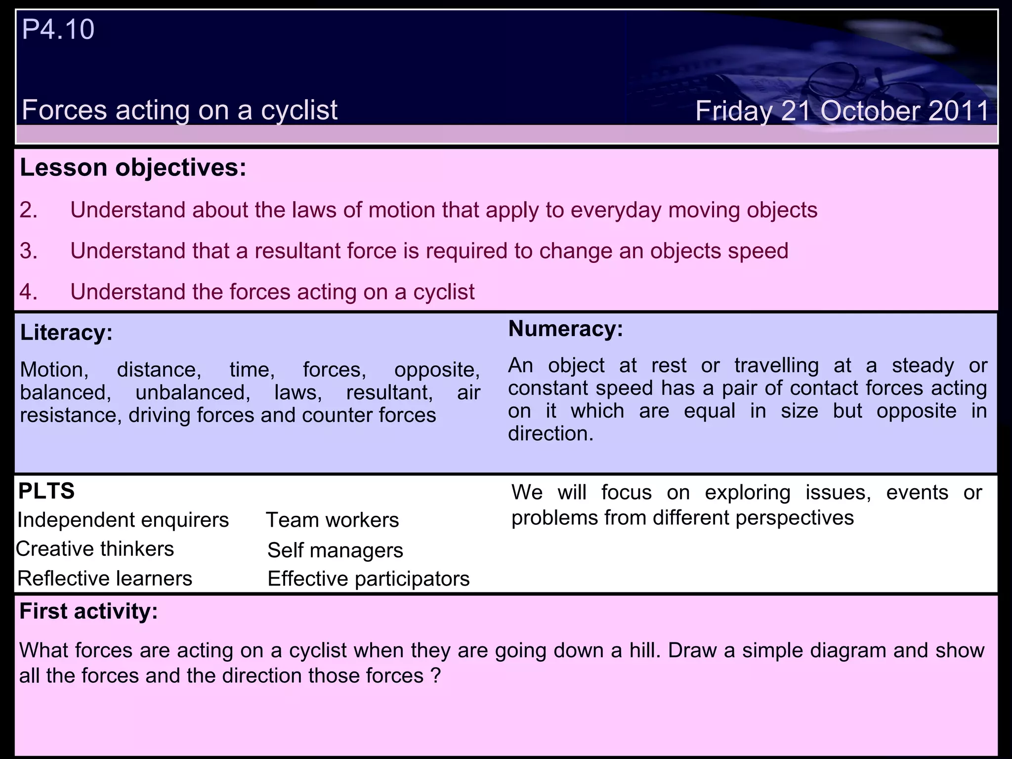 P4.10  Forces acting on a cyclist Decide whether the following statements are true or false: Lesson objectives: Understand about the laws of motion that apply to everyday moving objects Understand that a resultant force is required to change an objects speed Understand the forces acting on a cyclist We will focus on. Friday 21 October 2011 First activity: What forces are acting on a cyclist when they are going down a hill. Draw a simple diagram and show all the forces and the direction those forces ? Literacy: Motion, distance, time, forces, opposite, balanced, unbalanced, laws, resultant, air resistance, driving forces and counter forces Numeracy: An object at rest or travelling at a steady or constant speed has a pair of contact forces acting on it which are equal in size but opposite in direction. PLTS Independent enquirers Creative thinkers Reflective learners Team workers Effective participators Self managers We will focus on exploring issues, events or problems from different perspectives 