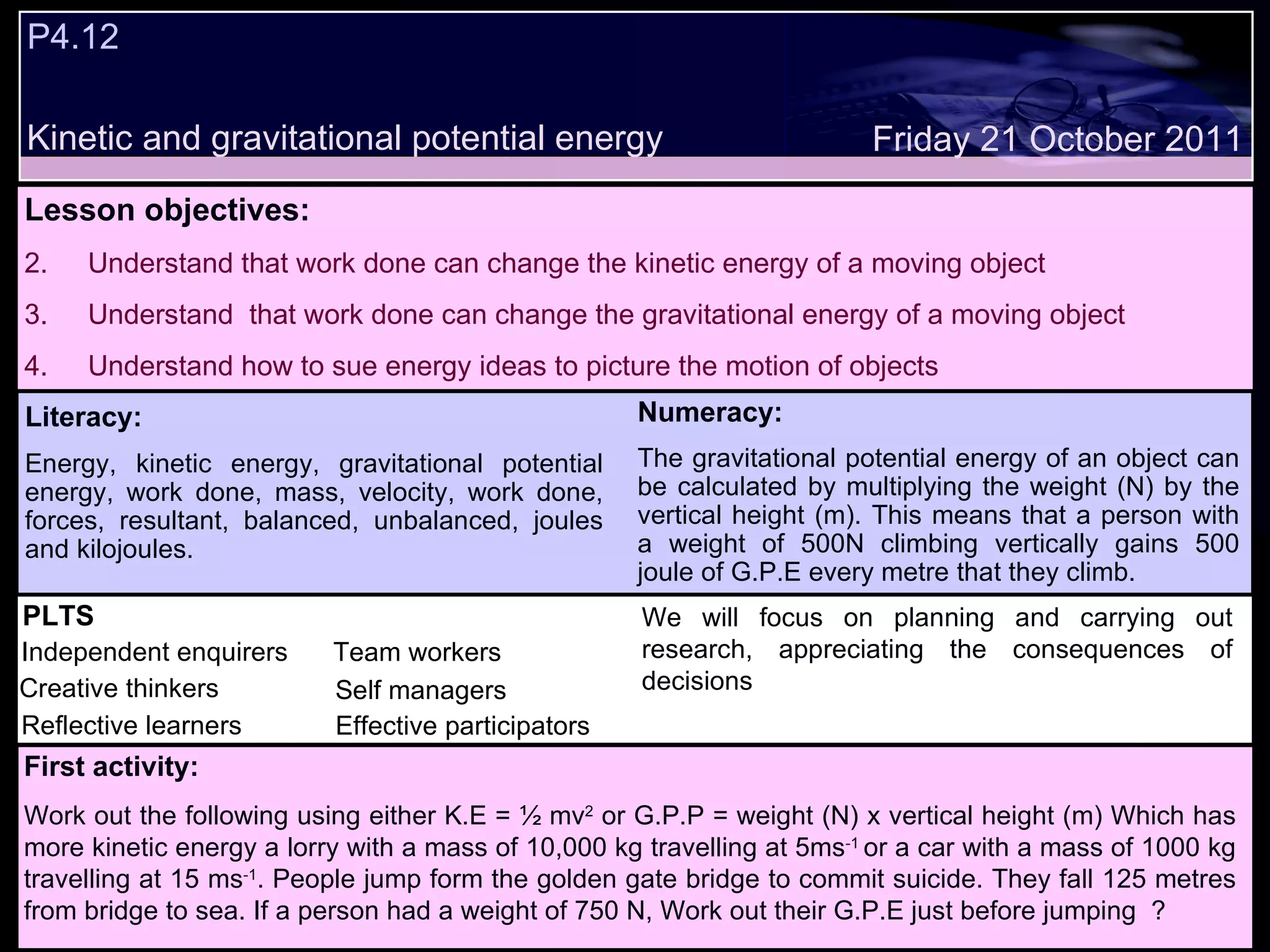 P4.12 Kinetic and gravitational potential energy Decide whether the following statements are true or false: Lesson objectives: Understand that work done can change the kinetic energy of a moving object Understand  that work done can change the gravitational energy of a moving object Understand how to sue energy ideas to picture the motion of objects Friday 21 October 2011 First activity: Work out the following using either K.E = ½ mv 2  or G.P.P = weight (N) x vertical height (m) Which has more kinetic energy a lorry with a mass of 10,000 kg travelling at 5ms -1  or a car with a mass of 1000 kg travelling at 15 ms -1 . People jump form the golden gate bridge to commit suicide. They fall 125 metres from bridge to sea. If a person had a weight of 750 N, Work out their G.P.E just before jumping  ? PLTS Independent enquirers Creative thinkers Reflective learners Team workers Effective participators Self managers Literacy: Energy, kinetic energy, gravitational potential energy, work done, mass, velocity, work done, forces, resultant, balanced, unbalanced, joules and kilojoules. Numeracy: The gravitational potential energy of an object can be calculated by multiplying the weight (N) by the vertical height (m). This means that a person with a weight of 500N climbing vertically gains 500 joule of G.P.E every metre that they climb. We will focus on planning and carrying out research, appreciating the consequences of decisions 