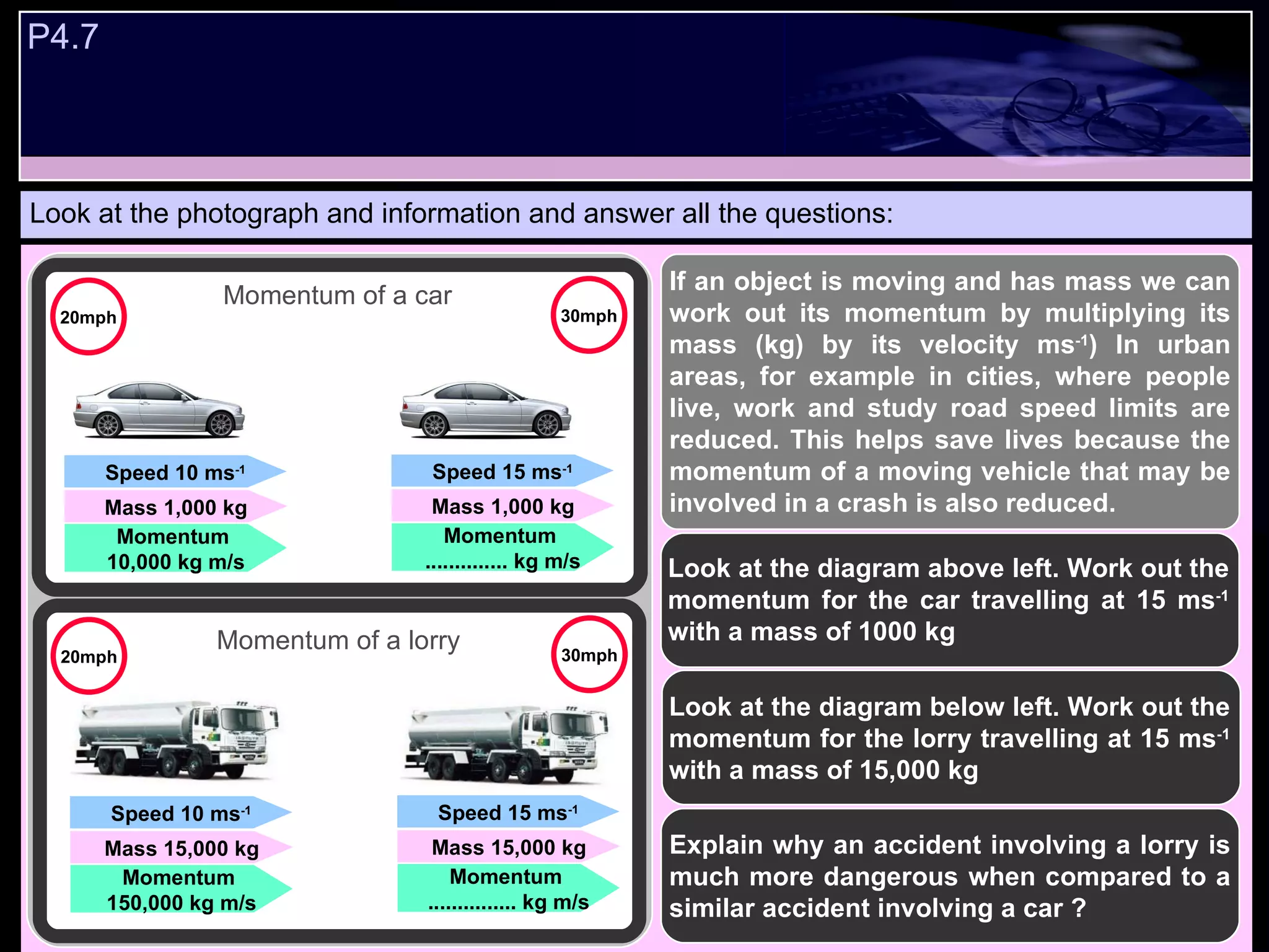 P4.7  Look at the photograph and information and answer all the questions: If an object is moving and has mass we can work out its momentum by multiplying its mass (kg) by its velocity ms -1 ) In urban areas, for example in cities, where people live, work and study road speed limits are reduced. This helps save lives because the momentum of a moving vehicle that may be involved in a crash is also reduced.  Look at the diagram above left. Work out the momentum for the car travelling at 15 ms -1  with a mass of 1000 kg Explain why an accident involving a lorry is much more dangerous when compared to a similar accident involving a car ?  Speed 10 ms -1 Mass 1,000 kg Momentum  10,000 kg m/s Speed 15 ms -1 Mass 1,000 kg Momentum  .............. kg m/s Speed 10 ms -1 Mass 15,000 kg Momentum  150,000 kg m/s Speed 15 ms -1 Mass 15,000 kg Momentum  ............... kg m/s 20mph 30mph Look at the diagram below left. Work out the momentum for the lorry travelling at 15 ms -1  with a mass of 15,000 kg Momentum of a car Momentum of a lorry 20mph 30mph 
