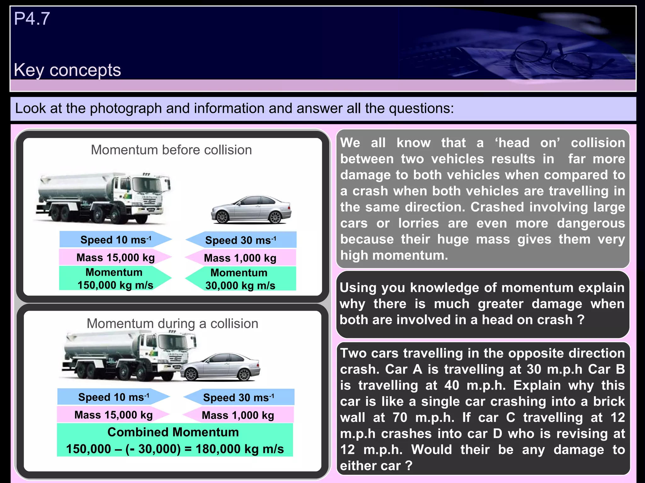 Key concepts P4.7  Look at the photograph and information and answer all the questions: We all know that a ‘head on’ collision between two vehicles results in  far more damage to both vehicles when compared to a crash when both vehicles are travelling in the same direction. Crashed involving large cars or lorries are even more dangerous because their huge mass gives them very high momentum.  Using you knowledge of momentum explain why there is much greater damage when both are involved in a head on crash ? Speed 10 ms -1 Mass 15,000 kg Momentum  150,000 kg m/s Speed 30 ms -1 Mass 1,000 kg Momentum  30,000 kg m/s Speed 10 ms -1 Mass 15,000 kg Combined Momentum  150,000 – ( -  30,000) = 180,000 kg m/s Speed 30 ms -1 Mass 1,000 kg Momentum before collision Momentum during a collision Two cars travelling in the opposite direction crash. Car A is travelling at 30 m.p.h Car B is travelling at 40 m.p.h. Explain why this car is like a single car crashing into a brick wall at 70 m.p.h. If car C travelling at 12 m.p.h crashes into car D who is revising at 12 m.p.h. Would their be any damage to either car ? 