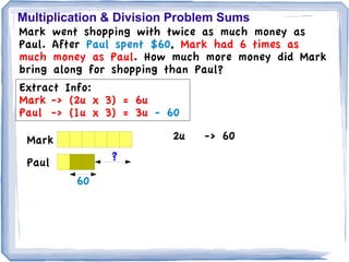 Multiplication & Division Problem Sums
Mark went shopping with twice as much money as
Paul. After Paul spent $60, Mark had 6 times as
much money as Paul. How much more money did Mark
bring along for shopping than Paul?
Extract Info:
Mark -> (2u x 3) = 6u
Paul -> (1u x 3) = 3u - 60

 Mark                   2u   -> 60
              ?
 Paul
         60
 