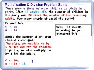 Multiplication & Division Problem Sums
There were 4 times as many children as adults in a
party. After 16 adults left, the number of children in
the party was 20 times the number of the remaining
adults. How many people attended the party?
Extract Info:
C -> 4u                           Draw the models
A -> 1u                           according to your
                                  extracted info.
Notice the number of children
remains unchanged.
Therefore, we multiply 4u by
5 to get 20u for the children.
Logically, we also multiply 1u
by 5 for the adults.

C -> 20u         ?
A -> 5u - 16
 