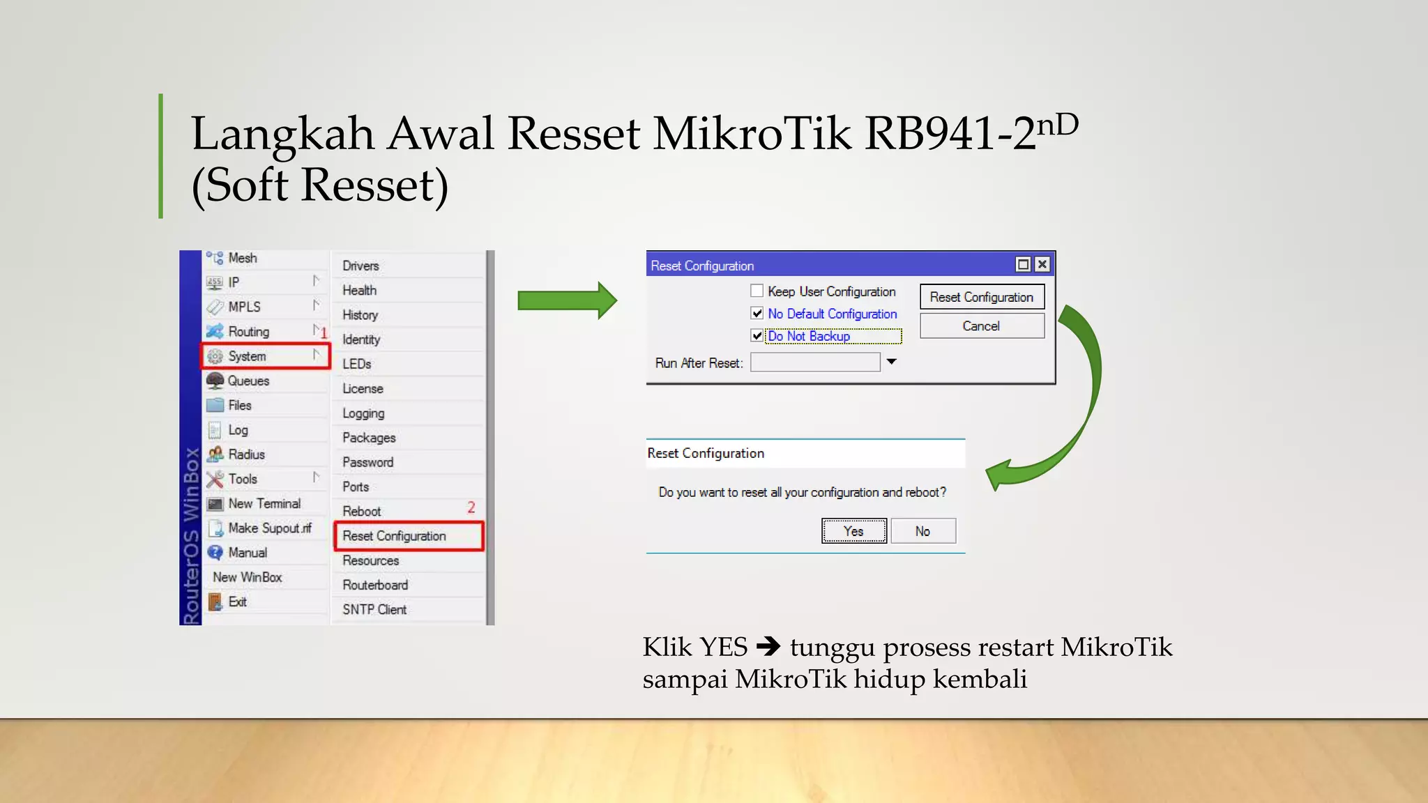 Langkah Awal Resset MikroTik RB941-2nD
(Soft Resset)
Klik YES  tunggu prosess restart MikroTik
sampai MikroTik hidup kembali
 