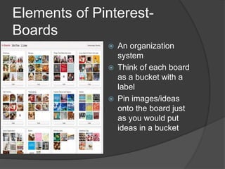 Elements of Pinterest-
Boards
 An organization
system
 Think of each board
as a bucket with a
label
 Pin images/ideas
onto the board just
as you would put
ideas in a bucket
 