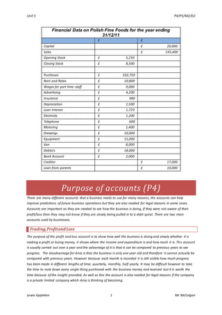 Unit 5 P4/P5/M2/D2
Lewis Appleton 1 Mr McColgan
Purpose of accounts (P4)
There are many different accounts that a business needs to use for many reasons, the accounts can help
improve predictions of future business operations but they are also needed for legal reasons in some cases.
Accounts are important as they are needed to see how the business is doing, if they were not aware of their
profit/loss then they may not know if they are slowly being pulled in to a debt spiral. There are two main
accounts used by businesses;
Trading,Profitand Loss
The purpose of the profit and loss account is to show how well the business is doing and simply whether it is
making a profit or losing money, it shows where the income and expenditure is and how much it is. The account
is usually carried out over a year and the advantage of it is that it can be compared to previous years to see
progress. The disadvantage for Ania is that the business is only one year old and therefore it cannot actually be
compared with previous years. However because each month is recorded it is still visible how much progress
has been made in different lengths of time; quarterly, monthly, half-yearly. It may be difficult however to take
the time to note down every single thing purchased with the business money and received but it is worth the
time because of the insight provided. As well as this the account is also needed for legal reasons if the company
is a private limited company which Ania is thinking of becoming.
Financial Data on Polish Fine Foods for the year ending
31/12/11
£ £
Capital £ 20,000
Sales £ 145,400
Opening Stock £ 5,250
Closing Stock £ 8,500
Purchases £ 102,750
Rent and Rates £ 10,800
Wages for part time staff £ 9,000
Advertising £ 4,200
Insurance £ 980
Depreciation £ 1,500
Loan Interest £ 1,720
Electricity £ 1,200
Telephone £ 600
Motoring £ 1,400
Drawings £ 10,000
Equipment £ 15,000
Van £ 8,000
Debtors £ 18,000
Bank Account £ 2,000
Creditor £ 17,000
Loan from parents £ 10,000
 