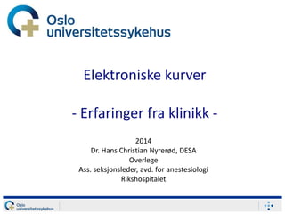 Elektroniske kurver 
- Erfaringer fra klinikk - 
2014 
Dr. Hans Christian Nyrerød, DESA 
Overlege 
Ass. seksjonsleder, avd. for anestesiologi 
Rikshospitalet 
 