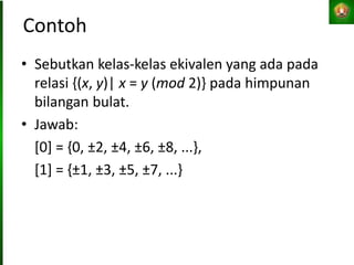 Contoh
• Sebutkan kelas-kelas ekivalen yang ada pada
relasi {(x, y)| x = y (mod 2)} pada himpunan
bilangan bulat.
• Jawab:
[0] = {0, ±2, ±4, ±6, ±8, ...},
[1] = {±1, ±3, ±5, ±7, ...}
 