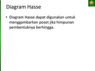 Diagram Hasse
• Diagram Hasse dapat digunakan untuk
menggambarkan poset jika himpunan
pembentuknya berhingga.
 