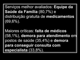 Serviços melhor avaliados: Equipe da
Saúde da Família (80,7%) e
distribuição gratuita de medicamentos
(69,6%).
Maiores críticas: falta de médicos
(58,1%), demora para atendimento em
postos de saúde (35,4%) e demora
para conseguir consulta com
especialista (33,8%).
 