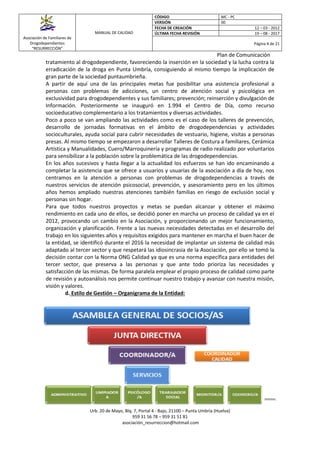 Asociación de Familiares de
Drogodependientes
“RESURRECCIÓN”
MANUAL DE CALIDAD
CÓDIGO MC - PC
VERSIÓN 00
FECHA DE CREACIÓN 12 – 03 - 2012
ÚLTIMA FECHA REVISIÓN 19 – 08 - 2017
Página 4 de 21
Plan de Comunicación
Asociación de Familiares de Drogodependientes “Resurrección” - CIF- G21148739
Urb. 20 de Mayo, Blq. 7, Portal 4 - Bajo, 21100 – Punta Umbría (Huelva)
959 31 56 78 – 959 31 51 81
asociación_resurreccion@hotmail.com
tratamiento al drogodependiente, favoreciendo la inserción en la sociedad y la lucha contra la
erradicación de la droga en Punta Umbría, consiguiendo al mismo tiempo la implicación de
gran parte de la sociedad puntaumbrieña.
A partir de aquí una de las principales metas fue posibilitar una asistencia profesional a
personas con problemas de adicciones, un centro de atención social y psicológica en
exclusividad para drogodependientes y sus familiares; prevención; reinserción y divulgación de
Información. Posteriormente se inauguró en 1.994 el Centro de Día, como recurso
socioeducativo complementario a los tratamientos y diversas actividades.
Poco a poco se van ampliando las actividades como es el caso de los talleres de prevención,
desarrollo de jornadas formativas en el ámbito de drogodependencias y actividades
socioculturales, ayuda social para cubrir necesidades de vestuario, higiene, visitas a personas
presas. Al mismo tiempo se empezaron a desarrollar Talleres de Costura a familiares, Cerámica
Artística y Manualidades, Cuero/Marroquinería y programas de radio realizado por voluntarios
para sensibilizar a la población sobre la problemática de las drogodependencias.
En los años sucesivos y hasta llegar a la actualidad los esfuerzos se han ido encaminando a
completar la asistencia que se ofrece a usuarios y usuarias de la asociación a día de hoy, nos
centramos en la atención a personas con problemas de drogodependencias a través de
nuestros servicios de atención psicosocial, prevención, y asesoramiento pero en los últimos
años hemos ampliado nuestras atenciones también familias en riesgo de exclusión social y
personas sin hogar.
Para que todos nuestros proyectos y metas se puedan alcanzar y obtener el máximo
rendimiento en cada uno de ellos, se decidió poner en marcha un proceso de calidad ya en el
2012, provocando un cambio en la Asociación, y proporcionando un mejor funcionamiento,
organización y planificación. Frente a las nuevas necesidades detectadas en el desarrollo del
trabajo en los siguientes años y requisitos exigidos para mantener en marcha el buen hacer de
la entidad, se identificó durante el 2016 la necesidad de implantar un sistema de calidad más
adaptado al tercer sector y que respetará las idiosincrasia de la Asociación, por ello se tomó la
decisión contar con la Norma ONG Calidad ya que es una norma específica para entidades del
tercer sector, que preserva a las personas y que ante todo prioriza las necesidades y
satisfacción de las mismas. De forma paralela emplear el propio proceso de calidad como parte
de revisión y autoanálisis nos permite continuar nuestro trabajo y avanzar con nuestra misión,
visión y valores.
d. Estilo de Gestión – Organigrama de la Entidad:
 