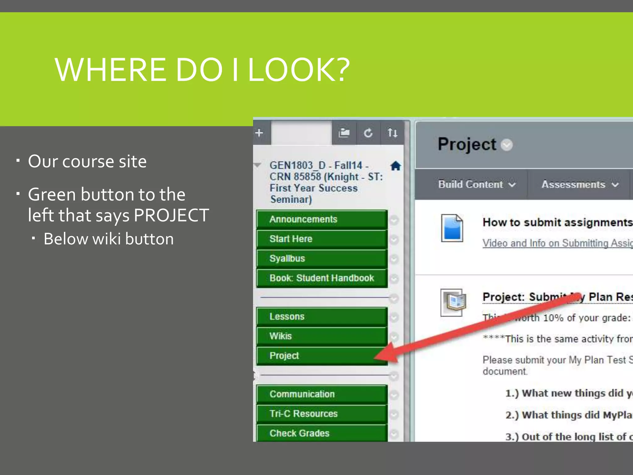 WHERE DO I LOOK?
Our course site
Green button to the
left that says PROJECT
Below wiki button